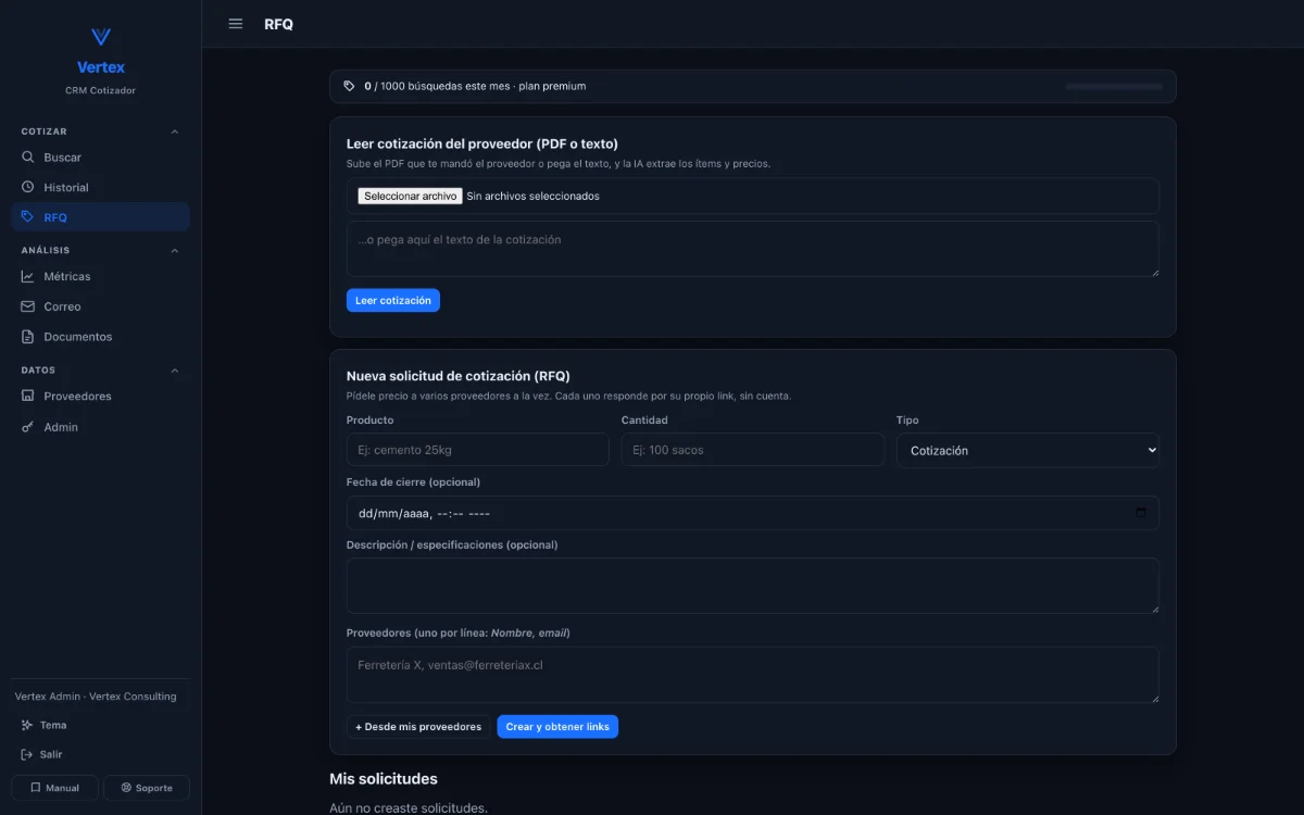 CRM Cotizador de Vertex: solicitud de cotización a varios proveedores y lectura del PDF del proveedor con IA.