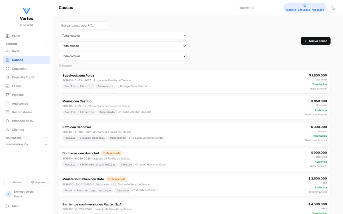 CRM Legal de Vertex: listado de causas del estudio con su tribunal y estado.