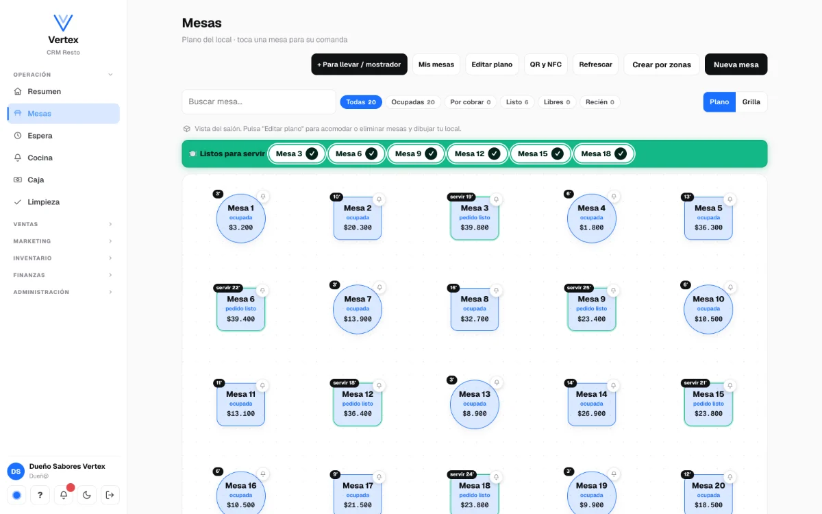 CRM Resto de Vertex: plano del salón con las mesas, su estado y el total de cada cuenta.