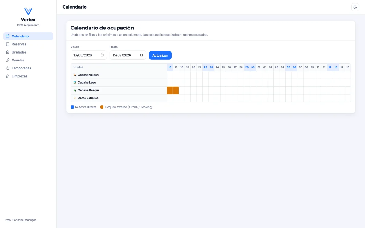 CRM Stay de Vertex: calendario de ocupación con las reservas por unidad.