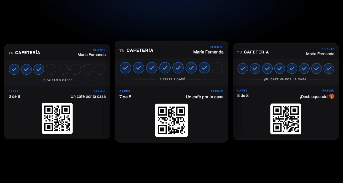 Tarjeta de fidelización de Vertex en el teléfono: sellos, premio y código para timbrar en la caja.